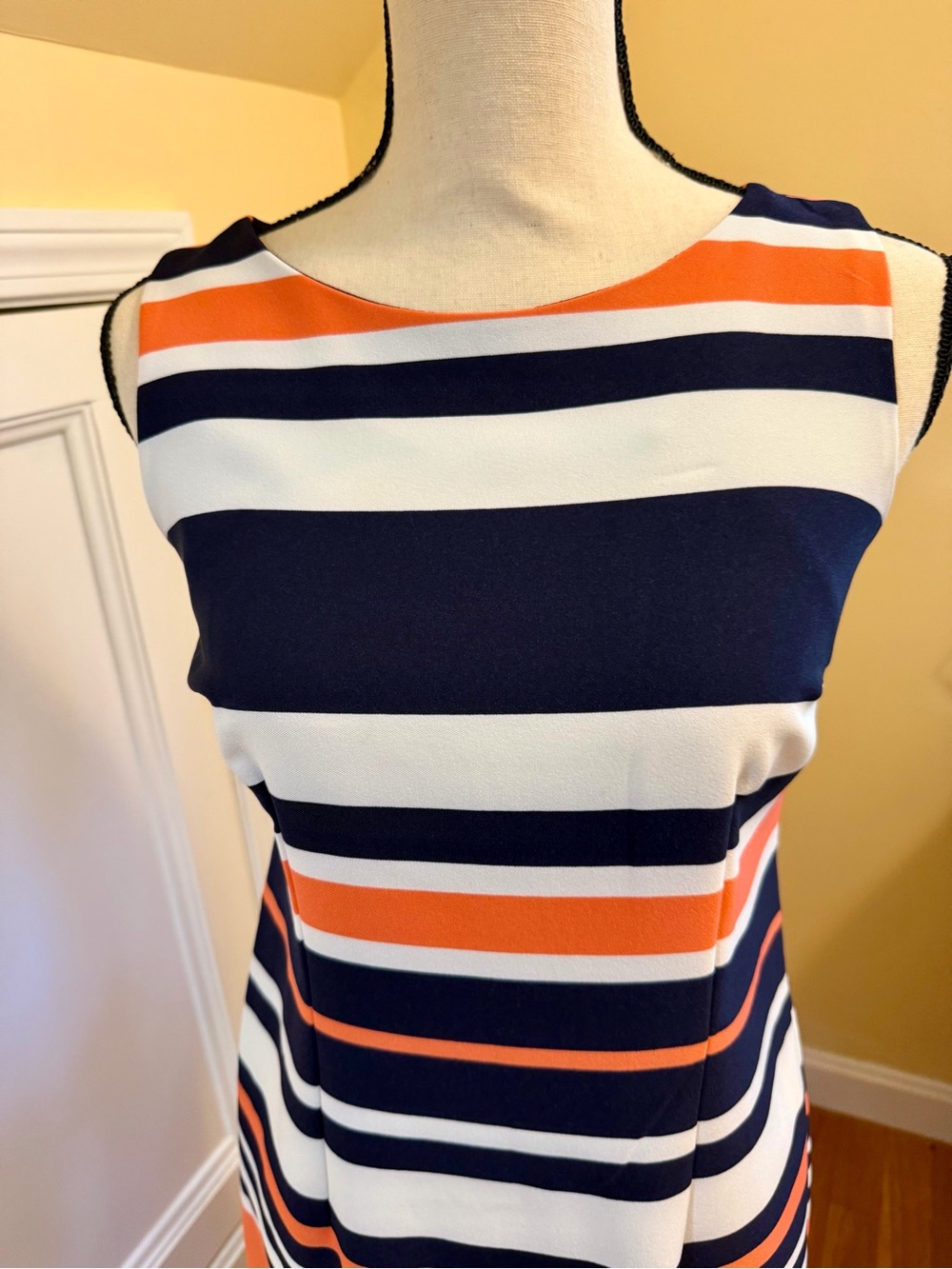 Amanda Lane Navy, White & Orange Horizontal Stripe Sheath Dress